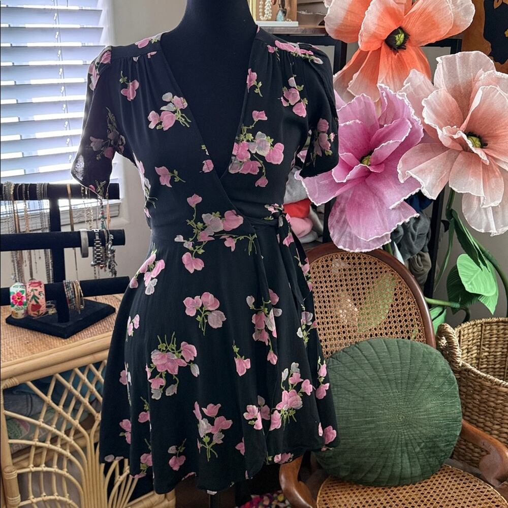 Vintage 70s/80s Young Innocent by Arpeja Black Floral True Wrap Boho Mini Dress